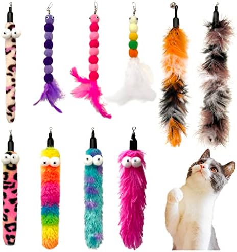 AcceLeah Cat Worm Toy Refills Cats Teaser Toys Cat Fishing Pole Toy Refill Wand Replacement Cat Wand Attachments 10Pcs Cat Worms and Dragonfly Refill,Cat Wand Toy Assorted Teaser Refills(10Pcs) by AcceLeah