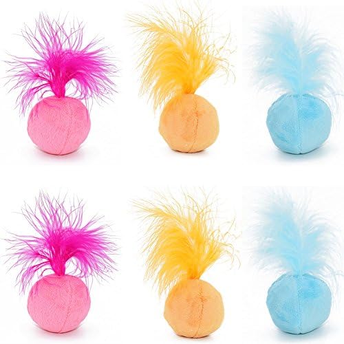 Furry Rattle Ball Cat Toy with Feather and Catnip - Interactive Pom Pom Balls for Cats, Soft and Lightweight, 2 Inch, 6 Pack. by PETFAVORITES
