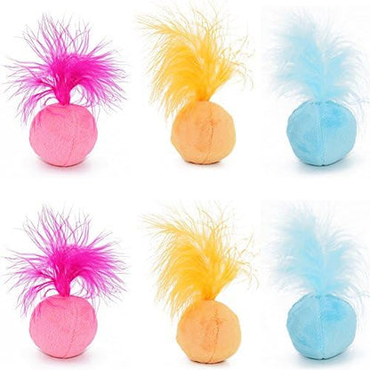Furry Rattle Ball Cat Toy with Feather and Catnip - Interactive Pom Pom Balls for Cats, Soft and Lightweight, 2 Inch, 6 Pack. by PETFAVORITES
