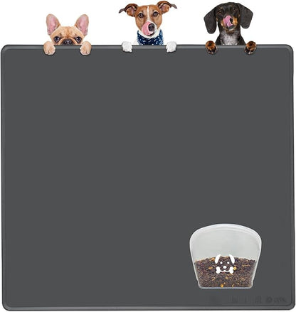 Extra Extra Large Silicone Dog Food Mat 39.4×43.3in and 128oz Silicone Bag Set, Super Size Waterproof Pet Feeding Mat & Container, Non-Slip, Chew-Resistant Floor Protection (Dark Grey&Clear)