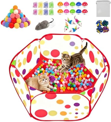 Cat Ball Pit with 227 Pcs Interactive Cat Toys, Enrichment Toys for Bored Indoor Cats Self Play, Include Pom Pom Balls Jingle and Crinkle Balls, Springs and Mice Toy for Kitten Fun and Exercise by Unknown