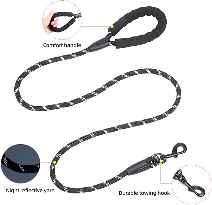 Reflective Dog Leash for Night Walking, 5FT Heavy Duty Rope with Padded Handle & 360° Swivel Clip, Tangle-Free Design for Small Medium Large Dogs