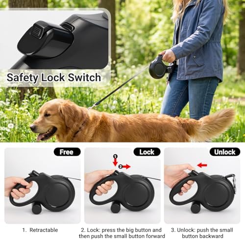 Segarty 26 Ft Walking Lead with Poop Bag Holder for Dogs 66 lbs - 110 lbs, 360°Tangle-Free Leash with Anti-Slip Handle & One-Handed Brake Pause Lock, 8m Retractable Leash for Dog Pets Outside Activity - Image 4