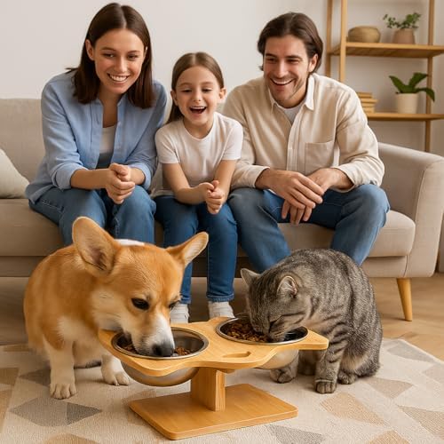 Elevated Cat and Dog Bowl Set – Dual Stainless Steel Bowls with Bamboo Animal-Shaped Stand, Raised Pet Feeder for Medium Dog Small Puppy and Cats to Reduce Neck Strain & Improve Digestion - Image 7