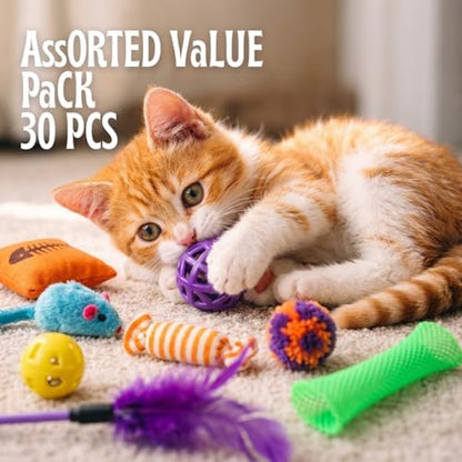 Kitty Catnip Toys- 30 Interactive Cat Toys for Indoor Cats & Kittens – Crinkle Balls, Sparkle Pom Pom Balls, Spiral Springs, Cat Mice, Teaser Wand, Kitten Toys, Cat Accessories - Variety Pack - Image 2