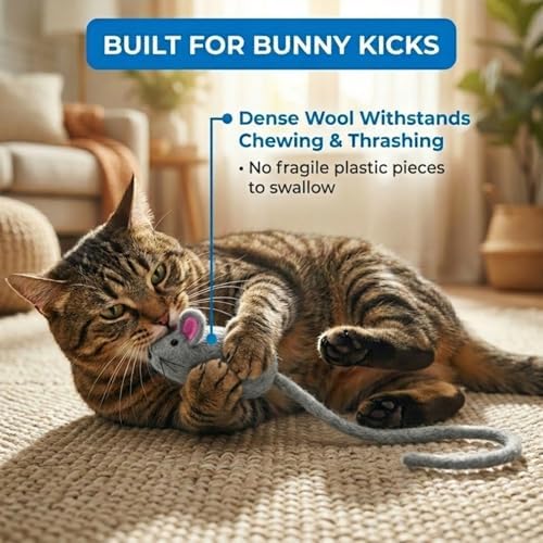 Glaciart One Mini Felt Mouse Cat Toy – Kitten & Small Cat Size, Natural Wool Catnip Toy, Soft Fuzzy Interactive Play Toy for Indoor Kittens, Safe Non-AZO Dyes, 1.4” Body with 12” Tail - Image 5