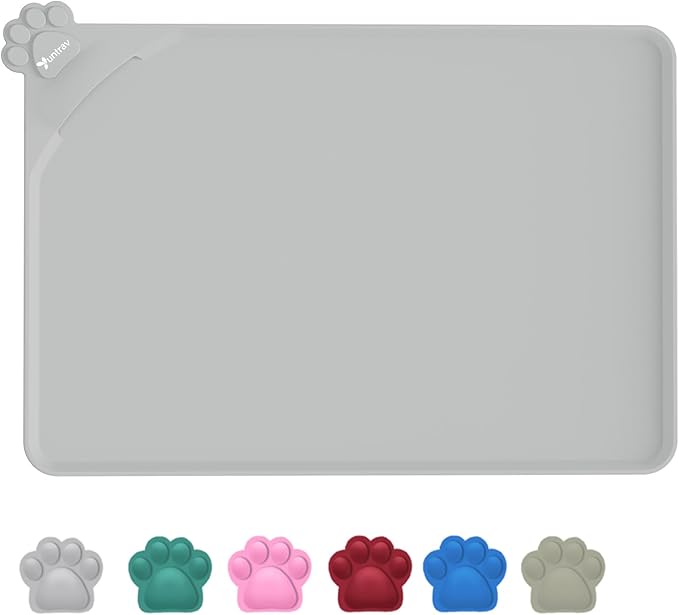 Waterproof Raised Edge BPA Free Silicone Pet Feeding Mat-Multiple Colors，Dog Cat Food Mats Contain Spills Protects Floors, Placemats for Cats and Dogs Water Bowl, Pets Accessories 22x15 Gray