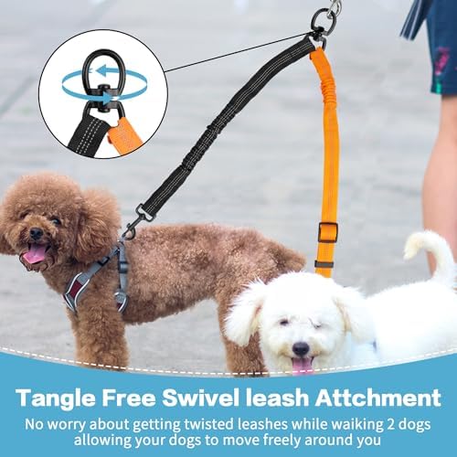 YAODHAOD Double Dog Leash,Two Dog Leash Splitter, No Tangle 360° Swivel Rotation Reflective Lead, Adjustable Length Bungee Heavy Duty Walking Training Dual Extension (Black + Orange) - Image 2
