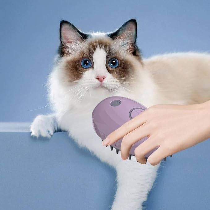 3 in 1 Cat Steamy Brush with Care Solution 2Pcs - Electric Spray Grooming Comb for Cats Dogs, Steaming Silicone Massage Brush - Self Cleaning Pet Hair Remover - Blue & Purple