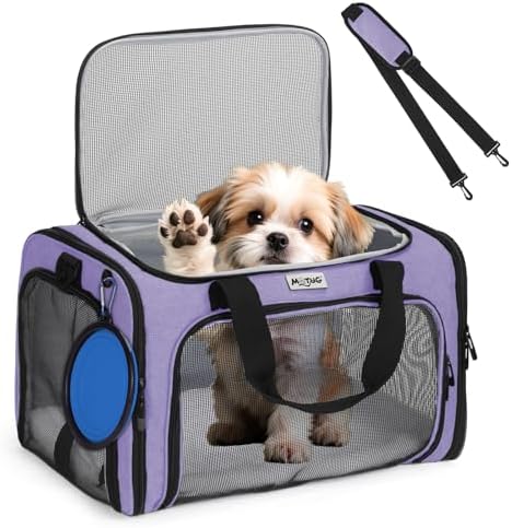 Pet Carrier for Cats & Small Dogs, Travel Carrier with Anti-Collapse Support, Chew Resistant Buckles, Luggage Sleeve, Multi-Pocket Storage, Reversible Mat & Bowl (Purple, Medium (17.5"x11"x11.5")) - Image 2