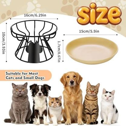 Shallow Cat Dishes with Metal Stand,Elevated Cat Bowl,Ceramic Cat Bowls,Raised Cat Food Bowls,Pet Feeder for Indoor Cats,Kitten and Small Dogs, Dishwasher Safe - Image 2
