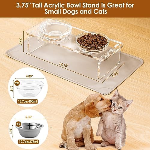 Elevated Dog & Cat Bowls – 3.75” Acrylic Raised Pet Feeder Stand with 2 Stainless Steel & 2 Glass Bowls – Food & Water Dish Set for Puppy/Small Dogs & Cats - Image 4