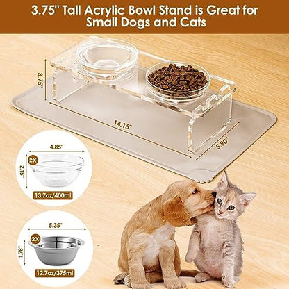 Elevated Dog & Cat Bowls – 3.75” Acrylic Raised Pet Feeder Stand with 2 Stainless Steel & 2 Glass Bowls – Food & Water Dish Set for Puppy/Small Dogs & Cats - Image 4