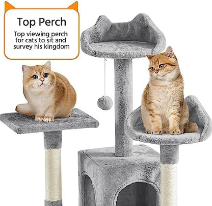 Yaheetech XL Cat Tree, 72in Multi-Level Cat Tower with 2 Cozy Caves, 3 Soft Perches, Scratching Posts, Board, and Dangling Ball, Pet Furniture Play House for Kittens/Cats, Light Gray - Image 4