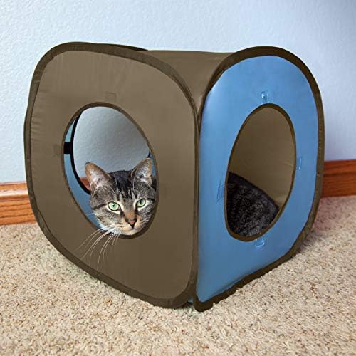 Kitty City Pop-Up Rolling Cat Cube Toy, Collapsible Indoor Cat Play Cube with Peekaboo Openings & Hanging Tassel, Lightweight Foldable Cat Furniture - Blue / Brown - Image 2