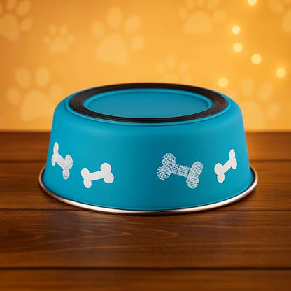 Printed Teal Blue Stainless Steel Dog Bowl with Anti-Skid Base, 15.89 oz | Food & Water Bowl for Small Dogs, Puppies & Cats, Durable Metal Pet Bowl