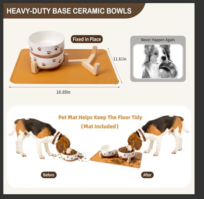 Ceramic Dog Bowls, 3.5 Cups Dog Food and Water Bowl Set for Medium Dogs with Wooden Stand and Non-Slip Silicone Food Mat, Weighted Embossed Cute Puppy Bowls Feeding Dishes Set of 2, 32 OZ