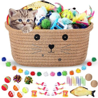 Zopeal 58 Pcs Cat Toy Set with Storage Basket Indoor, Khaki, 9.8 Inch by Zopeal