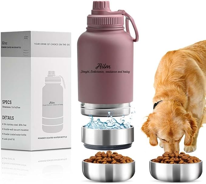 Travel Pet Feeder, 3-in-1 Food and Water Bottle Dispenser (Dusty Rost)