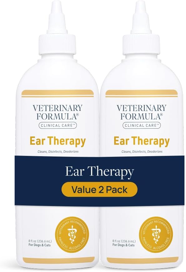 Veterinary Formula Clinical Care Ear Therapy Ear Cleaner for Dogs and Cats, Alcohol Free Pet Ear Cleaning Solution, 2 Pack 8 oz Bottles