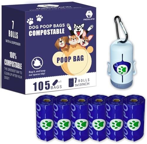 Compostable Dog Poop Bags BPI Certified Biodegradable Pet Waste Bags Leak-Proof Thickened and Opaque Eco Design (7 rolls & a dispenser) by MedolandStroe