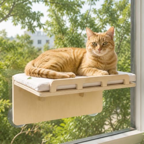 PETKARAY Cat Window Perch with Rail, Wood Hammock Window Bed for Cats by PETKARAY