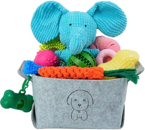 MRSOHRET 20Pcs Puppy Chew Toys for Teething, Dog Chew Toys with Rope Toys, Pet Dog Toothbrush, Treat Balls, Plush Toys and Squeaky Toy for Small Medium Dogs with Basket (20 Pack Elephant) by MRSOHRET