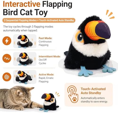 Flapping Bird Cat Toy, Toucan Plush Touch Activated Bird Chirp Cat Toy with Refillable Catnip, USB Rechargeable Interactive Kitten Exercise Toy,4.92"(No Flying) - Image 2