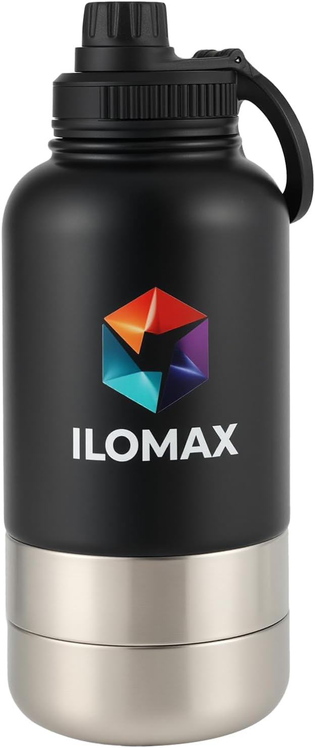 ILOMAX 3-in-1 Insulated Dog Travel Water Bottle, Stainless Steel, with Food & Water Bowls + Extra Magnetic Lid, Leak-Proof, Keeps Drinks Cold 12H/Hot 6H, Portable Hydration, 32oz (Black)