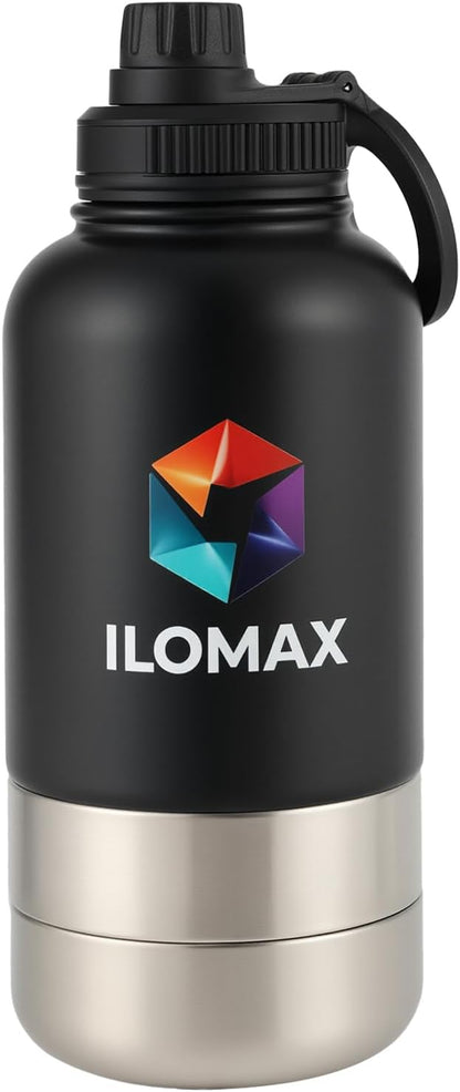 ILOMAX 3-in-1 Insulated Dog Travel Water Bottle, Stainless Steel, with Food & Water Bowls + Extra Magnetic Lid, Leak-Proof, Keeps Drinks Cold 12H/Hot 6H, Portable Hydration, 32oz (Black)
