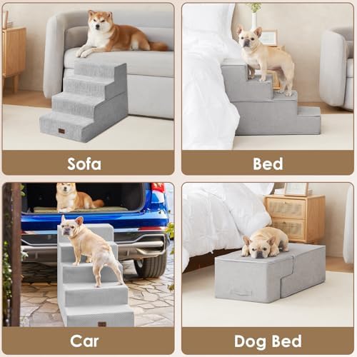 EHEYCIGA Dog Stairs for Bed 18" H, 4-Step Extra Wide Dog Steps, Light Grey - Image 7