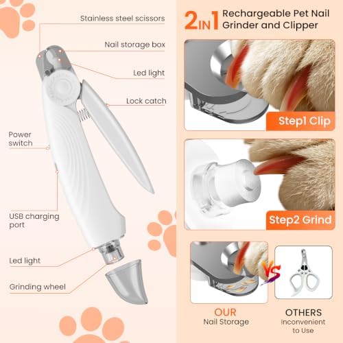 2-in-1 Dog & Cat Nail Clippers and Grinder with 2 Light, Quiet Electric Pet Nail Trimmers for Small Medium Large Dogs & Cats Claw, Safety Guard Usb Rechargeable, Professional Grooming Tool - Image 5