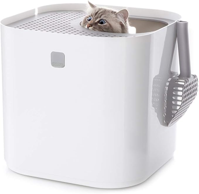 Modkat Top-Entry Litter Box - Reduces Litter Tracking, Swivel Lid for Easy Cleaning, Leak-Proof, Dog Proof - Includes Scoop & Reusable Liner White