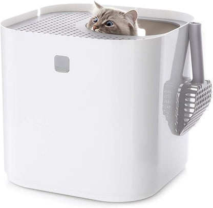 Modkat Top-Entry Litter Box - Reduces Litter Tracking, Swivel Lid for Easy Cleaning, Leak-Proof, Dog Proof - Includes Scoop & Reusable Liner White