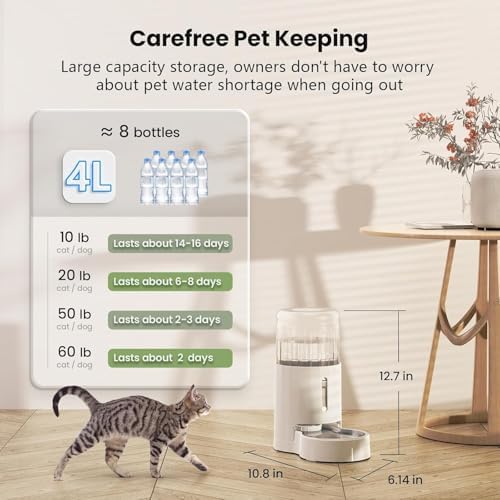 CZPET Automatic 4L/135Oz/1Gal Cat Water Dispenser with Stainless Steel Bowl, Gravity Waterer for Small Medium Dog Puppy Kitten (White) - Image 3