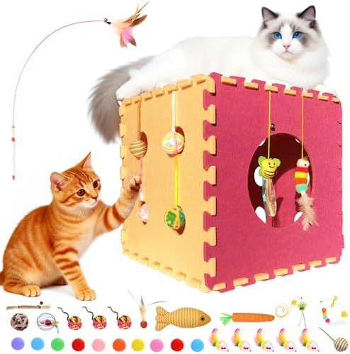 Larger-Size Interactive Cat Toys for Indoor Cats, Kitten Toys, Catnip Toys, Cat Wand, Feather Wand, Bells & Balls for Indoor Cats,30 Pcs Puzzle Box with Cooling Mat by Giveyourpoultrysafecare
