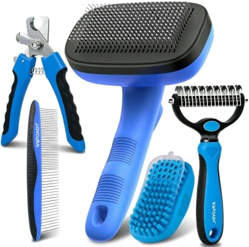 5 PCS Cat & Dog Grooming Kit Brush, Self-Cleaning Slicker Hair Brush, Nail Clipper, Undercoat Rake, Pet Bath Brush with Removable Screen,Pet Comb for Short & Long Haired Dogs Cats,Blue by WOPQAEM%C2%AE