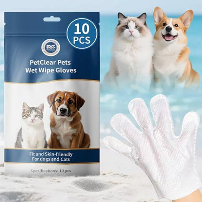 Pet Glove Wipes for Dogs, Hypoallergenic, Cleaning, Deodorizing, Moisturizing, Easy to Clean Wrinkles, Paws, Eyes, Ears, Face, Buttocks, and Body, for Daily Care and Travel (10pcs) by PETCLEAR