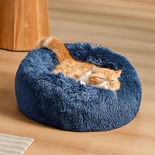 Bedsure Calming Cat Beds Donut Round Washable Kitten Bed,20 inches Navy - Image 4
