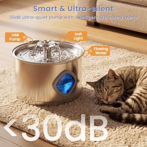 Stainless Steel Cat Water Fountain, 95oz/2.8L Automatic Cat Water Dispenser with 3 Replacement Filters, Pet Fountain for Cats Dogs Indoor, Water Level Window, Quiet Water Pump - Image 5