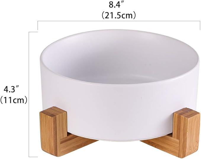 Ceramic Dog Bowl with Bamboo Stand - Large Dog Dish for Food and Water - Heavy Weighted, No Tip Over - 8.4" Diameter - White