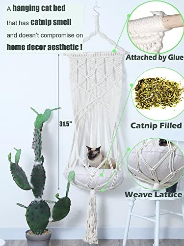 KARCEEY Macrame Cat Hammock Hanging Bed - Boho Wall Swing with Catnip Cushion for Wall Climber & Window Perch - Hardware Kit Included - Image 4