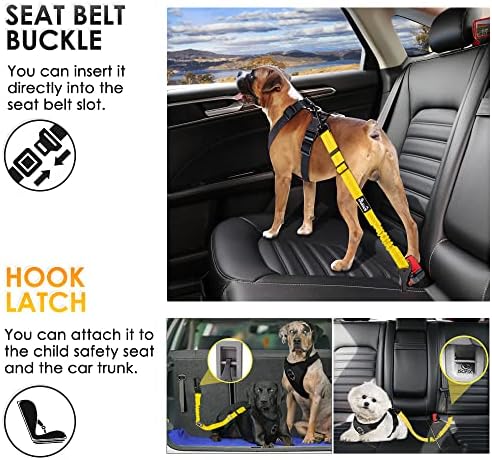 SlowTon Dog Harness, Adjustable Dog Seatbelt, 2 in 1 Latch Bar Attachment, Reflective Nylon Belt Tether, Yellow, 27.55in - Image 2