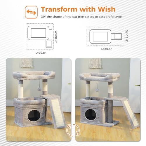 PEQULTI Small Cat Tree Tower for Indoor Cats with Large Perch, Grey - Image 3