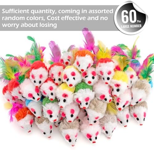 60 PCS Furry Cat Toys Squeak Mouse Rattle Mice Cat Catcher Pet Toys with Feather Tails (Random Color) - Image 6