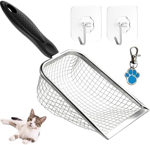 Cat Litter Scoop, Stainless Steel Cats Sturdy Mesh Scooper Kitty Metal Scooper Long Handle Scooper Shovel Sifter for All Litter Types Metal Cat Scooper for Litter Box by itPlus
