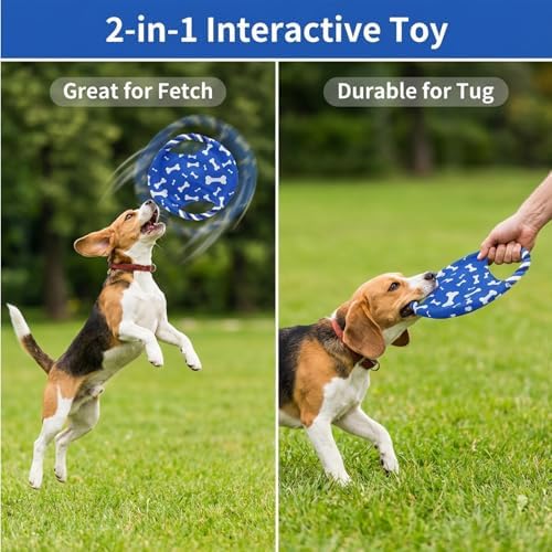 Dog Rope Flying Disc Toy with Squeaker | Durable Canvas Center & Braided Cotton Rope Ring | 2-in-1 Fetch & Tug Interactive Toy for Small & Medium Dogs | 9 Inch - Image 4
