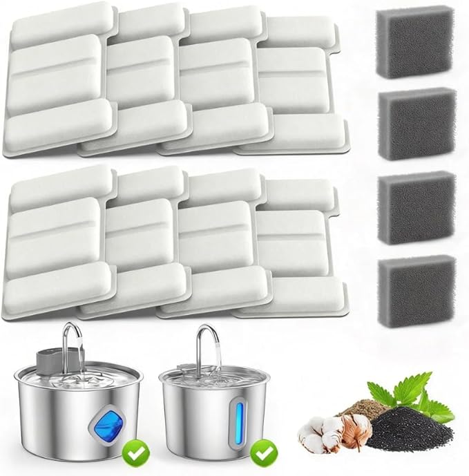 Cat Water Fountain Filter Replacement 12-Pack (8 Carbon Filters + 4 Pump Sponges) Compatible with 2.2L/3L/3.2L/3.5L Stainless Steel Pet Fountains