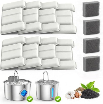Cat Water Fountain Filter Replacement 12-Pack (8 Carbon Filters + 4 Pump Sponges) Compatible with 2.2L/3L/3.2L/3.5L Stainless Steel Pet Fountains