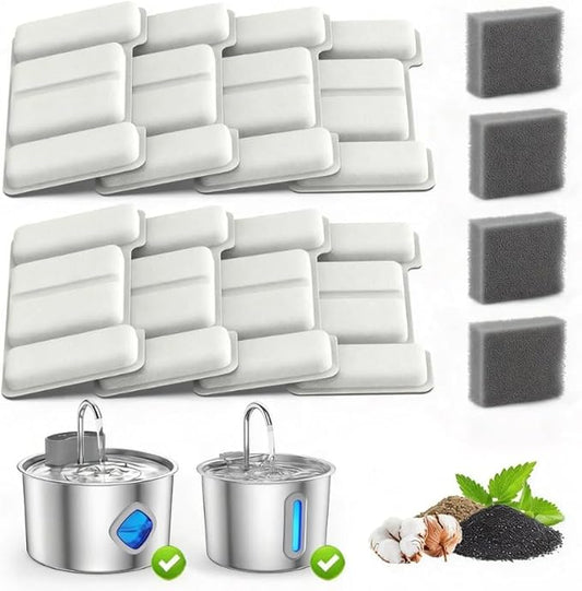Cat Water Fountain Filter Replacement 12-Pack (8 Carbon Filters + 4 Pump Sponges) Compatible with 2.2L/3L/3.2L/3.5L Stainless Steel Pet Fountains